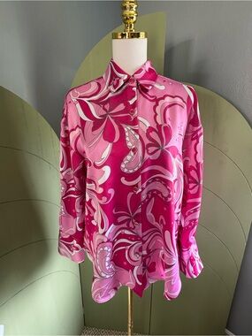 House of Harlow 1960 Pink Paisley-Print Silk Button-Up Blouse